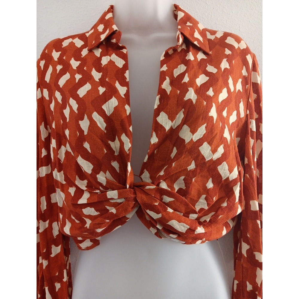 NWT Zara Linen‎ Blend Midriff Crop Twist Top with Beaded Cuffs Size XS Boho NEW - Picture 2 of 12